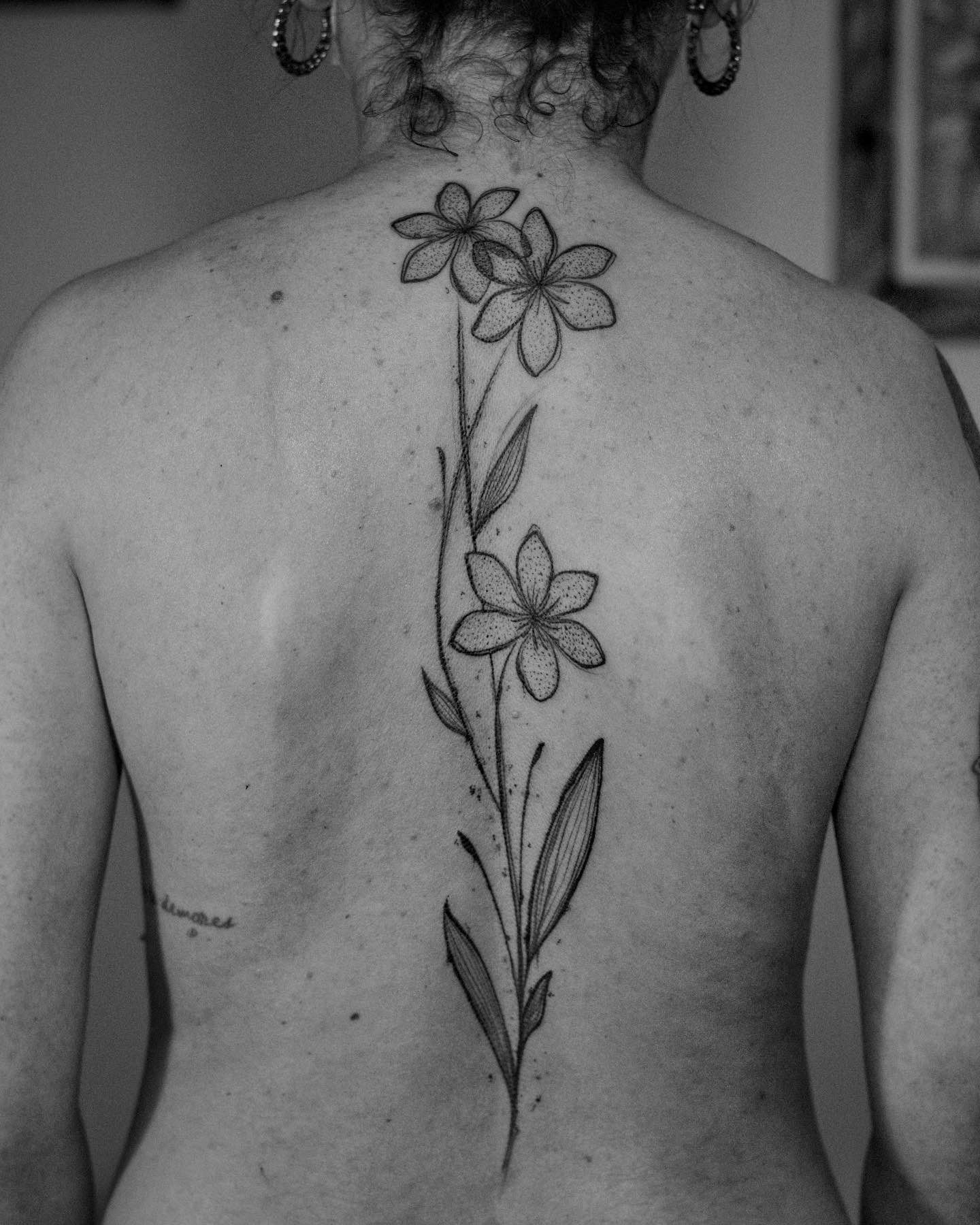 Floral tattoo made in fineline, sketch style, on the spine area, in the middle of the back, representing a branch of flowers.