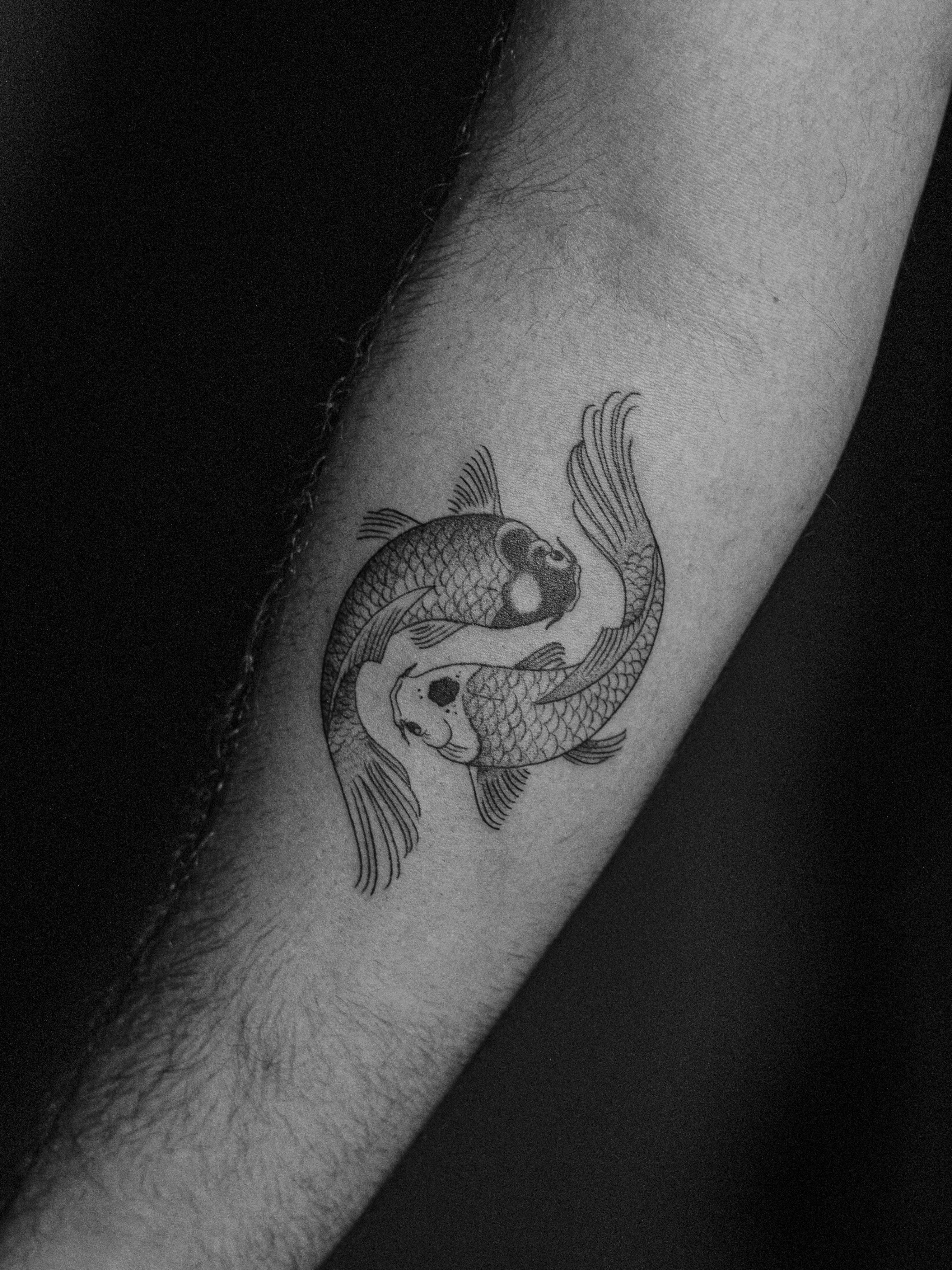 Minimalist tattoo made in fineline and dotwork on the inner forearm, with two carp fish, representing the yin yang symbol.