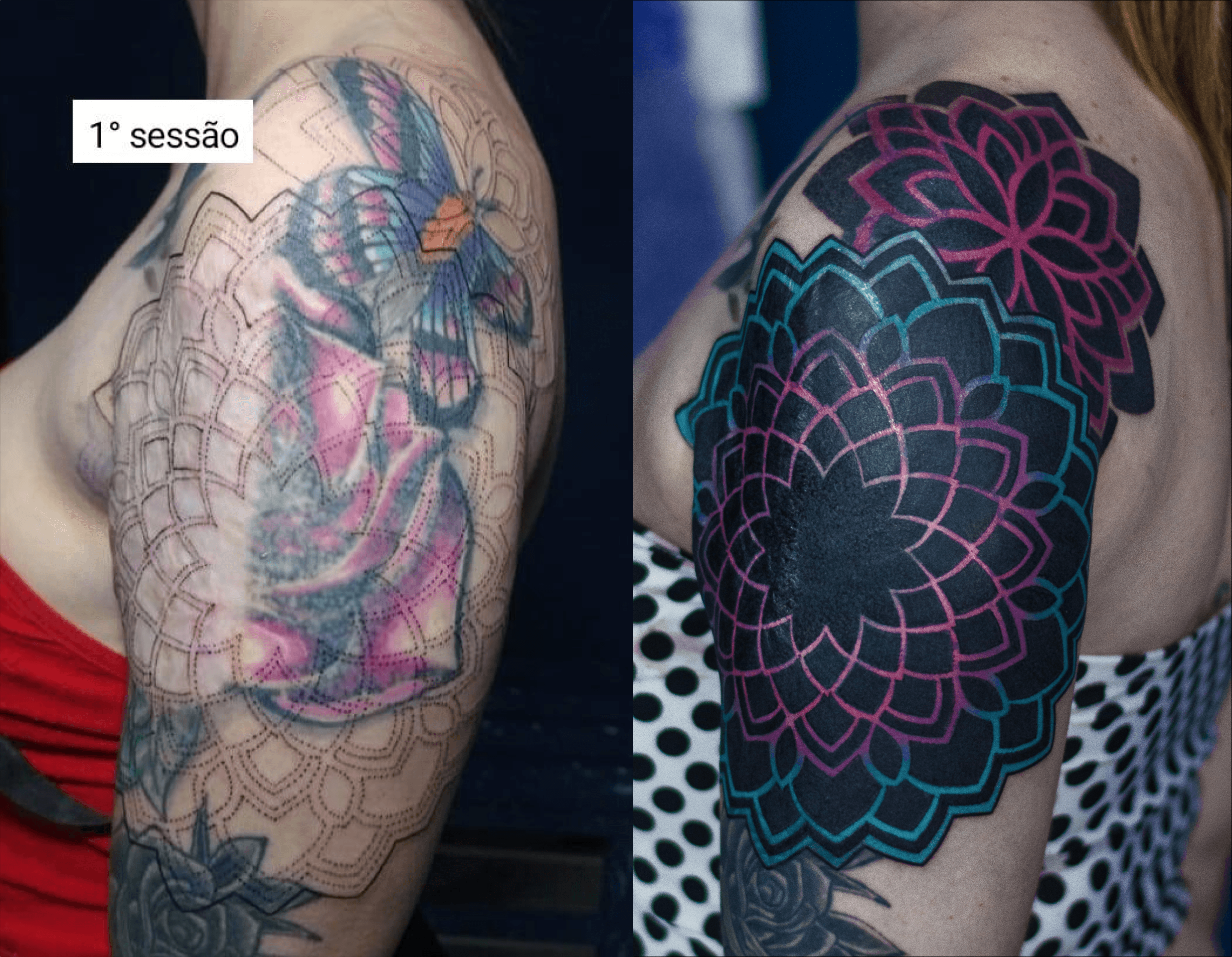 Cover-up made in dotwork, with color details on the shoulder/arm area, representing two mandalas, covering an old tattoo and a scar.