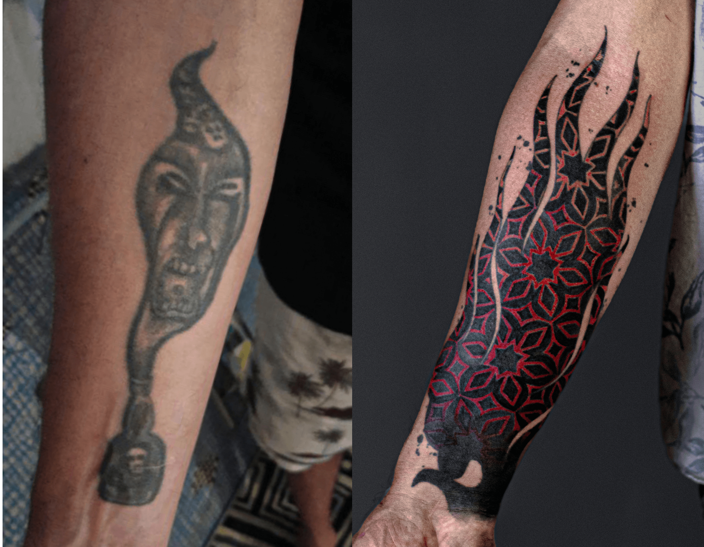 Cover-up made in dotwork, with color details on the forearm area, representing a flame, covering an old tattoo.