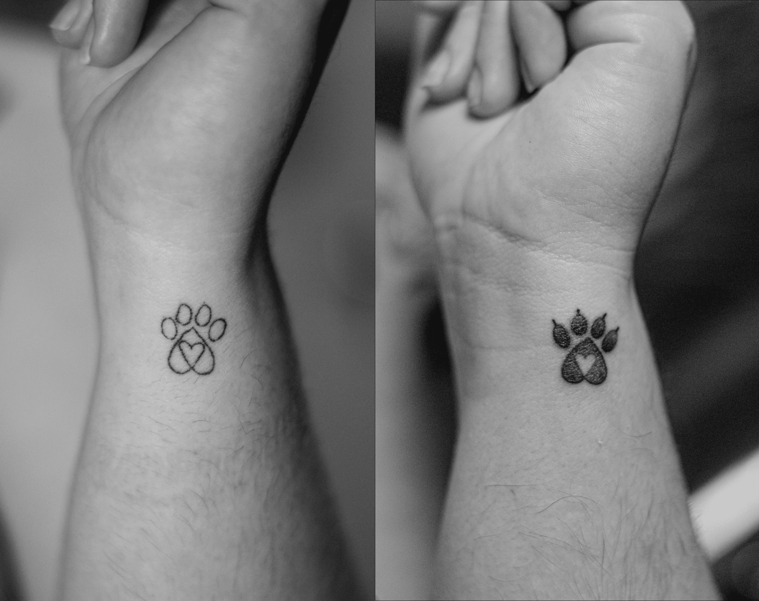 Cover-up made in dotwork on the forearm area, representing a dog paw print, covering an old tattoo.