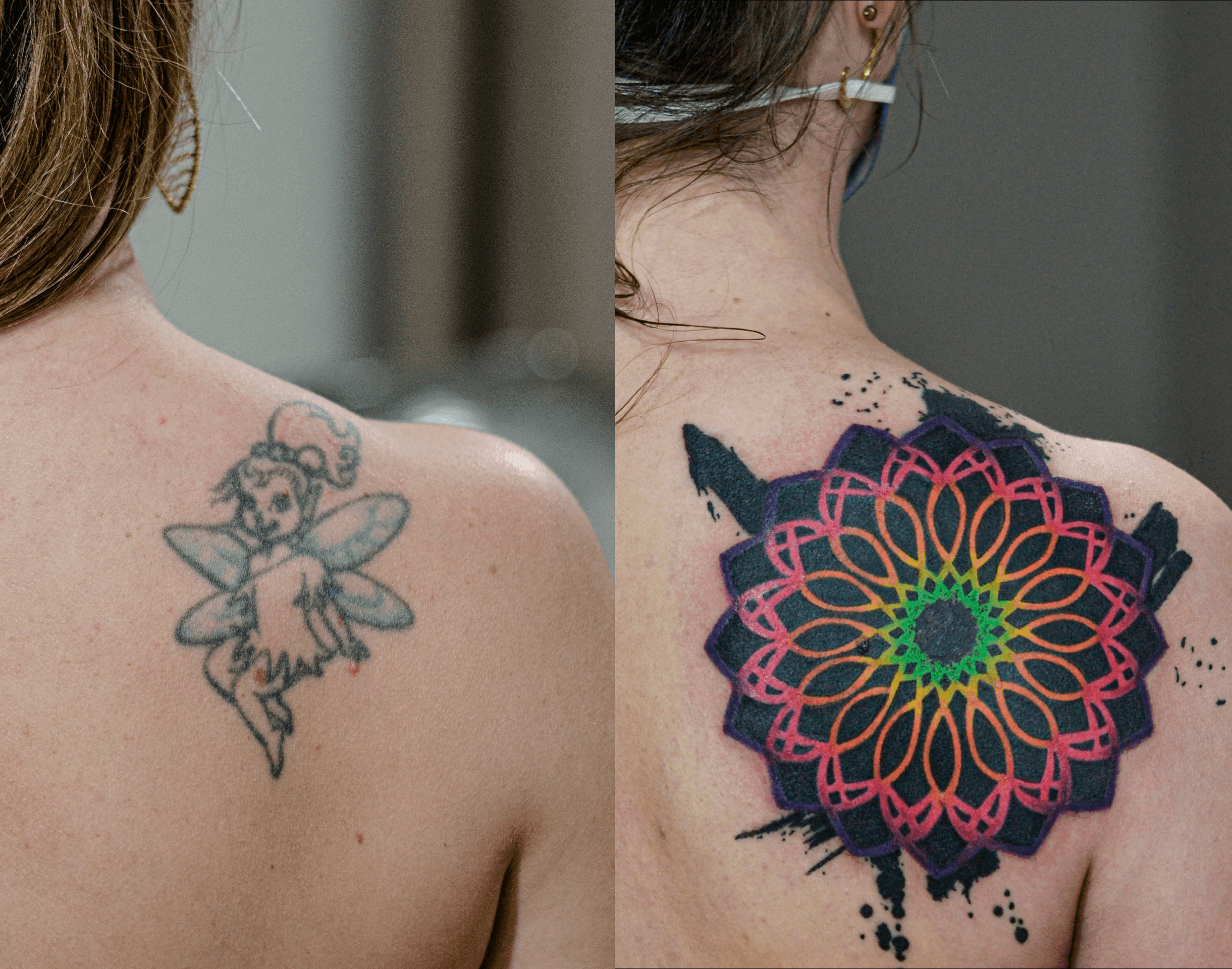 Cover-up made in dotwork, with color details on the shoulder/arm area, representing two mandalas, covering an old tattoo.