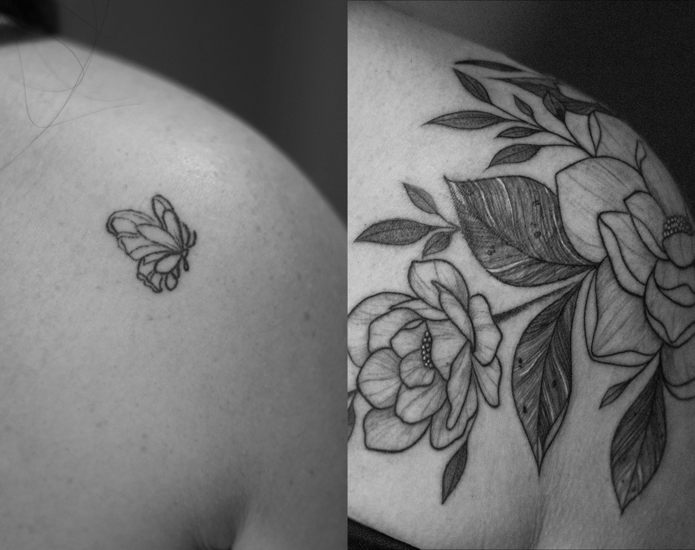 Cover-up made in fineline, floral style, on the shoulder/arm area, representing flowers, covering an old tattoo.