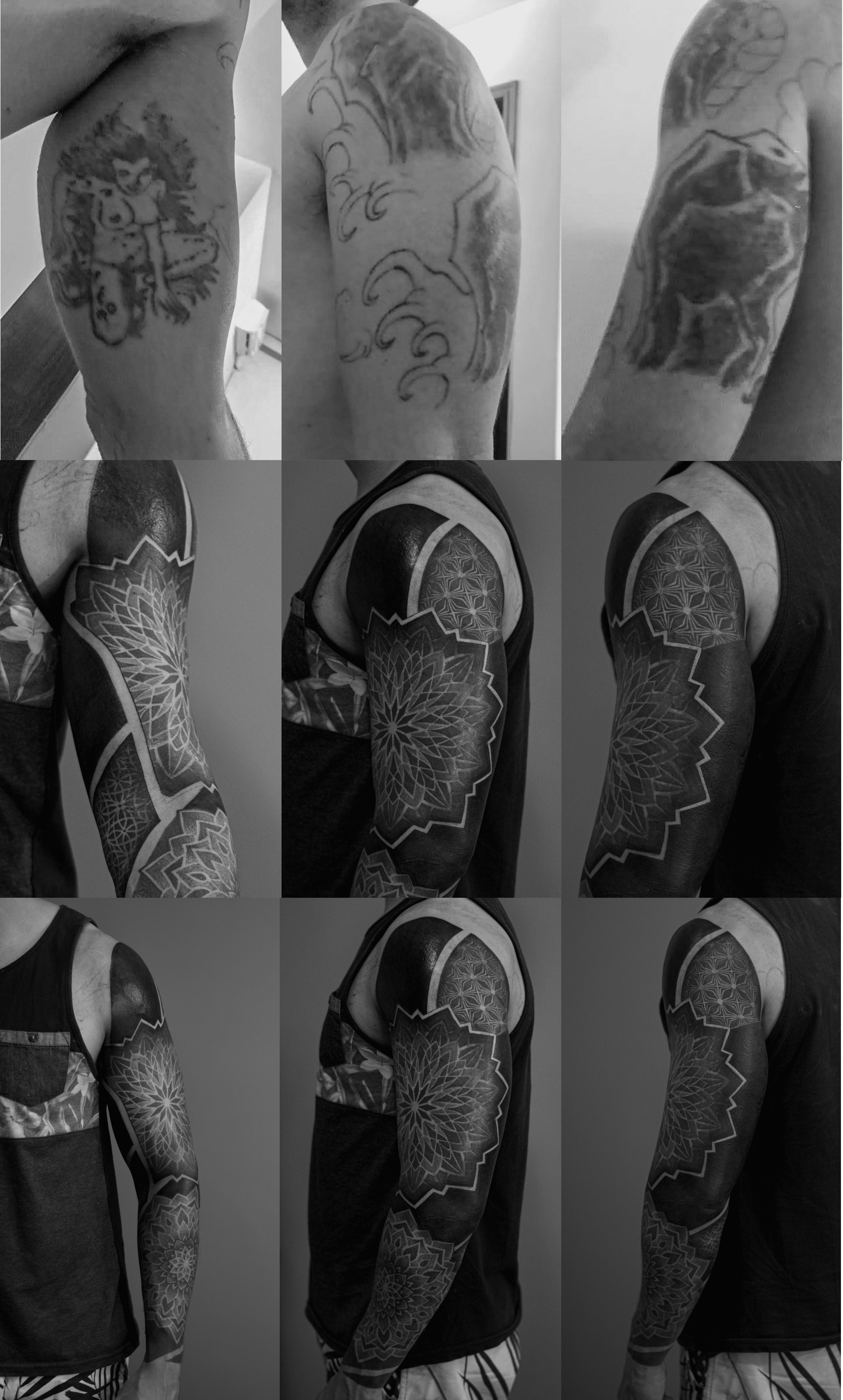 Cover-up made in dotwork on the arm, representing mandalas and geometric patterns, covering an old tattoo.
