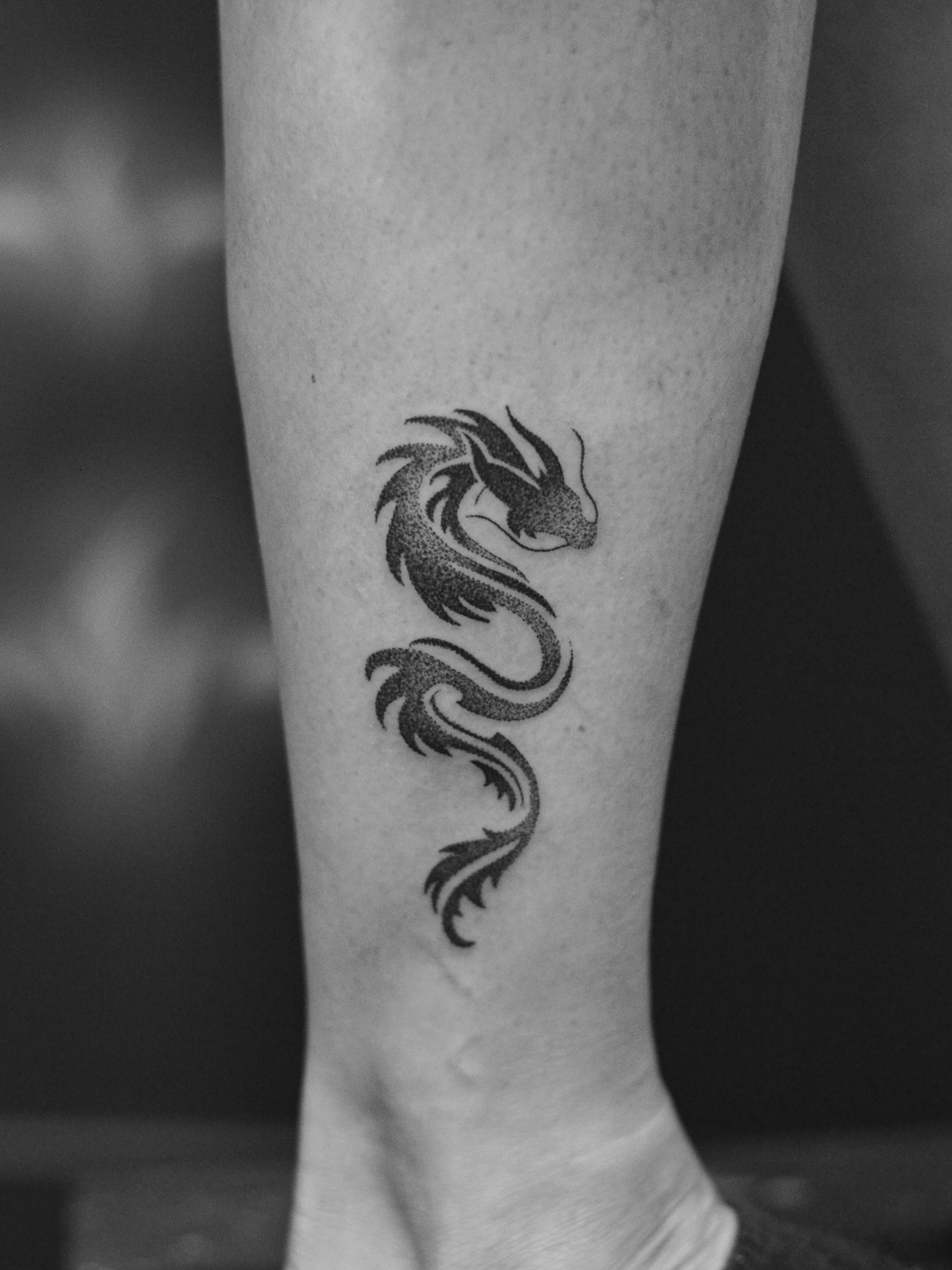 Minimalist tattoo made in dotwork on the side of the leg, representing a dragon.