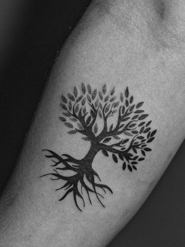 Minimalist tattoo made in dotwork on the forearm area, representing the tree of life.