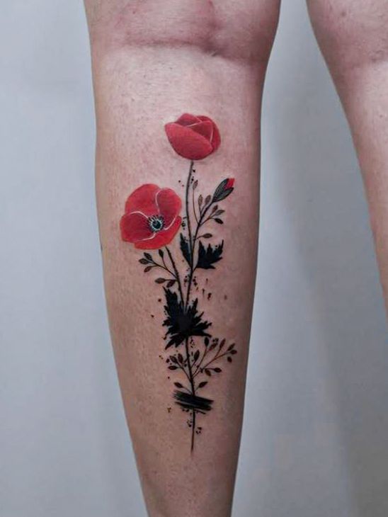 Minimalist tattoo, colored, representing a branch with two red flowers, sketch style.